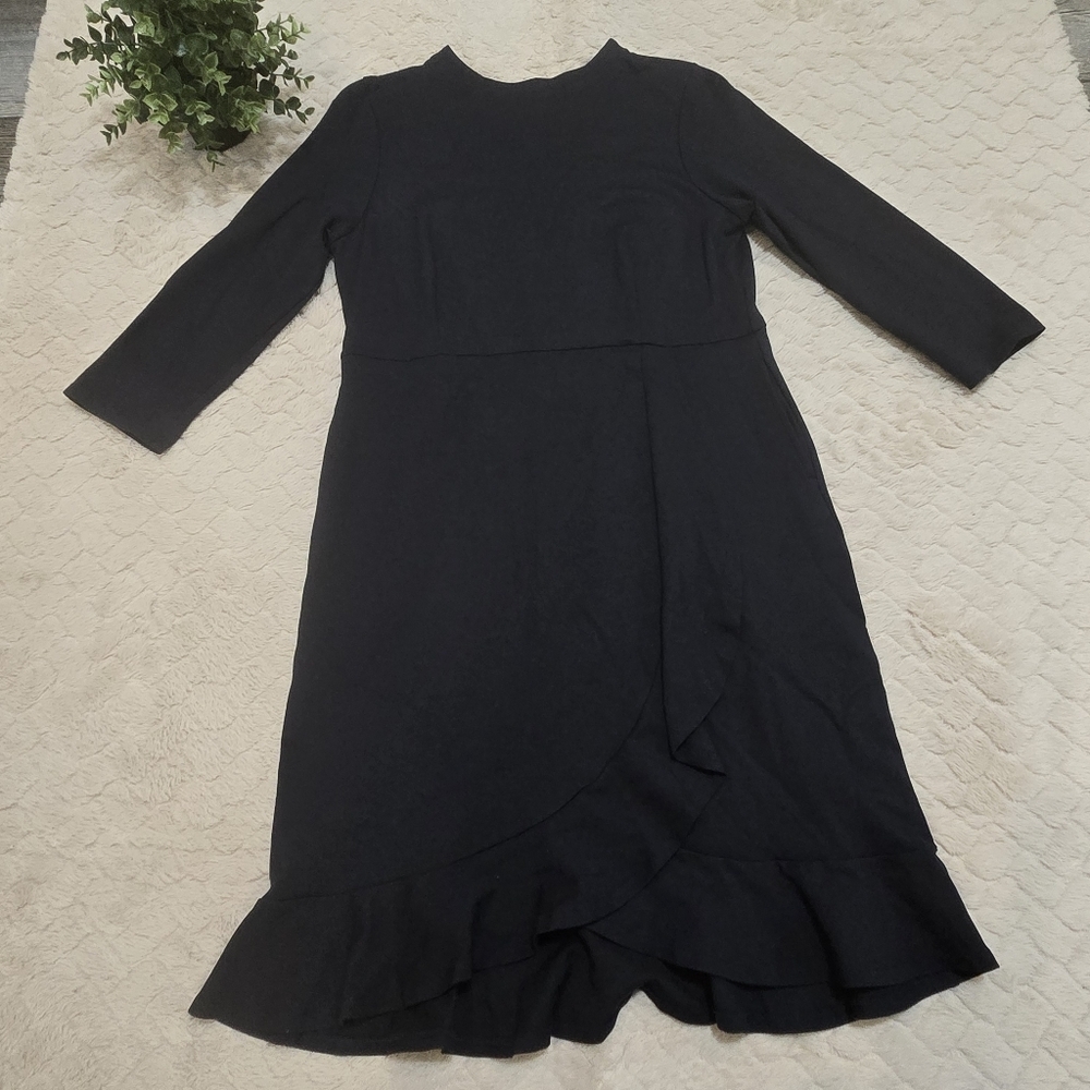 J. Jill Navy Blue Ponte Knit Faux-Wrap Ruffle Dress, Size Petite-Medium